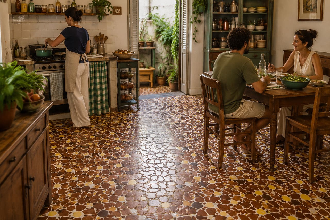 Entre as décadas de 1950 e 1980, pisos de caquinhos se tornaram comuns em cozinhas, quintais, varandas, jardins e áreas externas de muitas casas. Como cada composição era montada manualmente, dificilmente existiam dois pisos exatamente iguais.