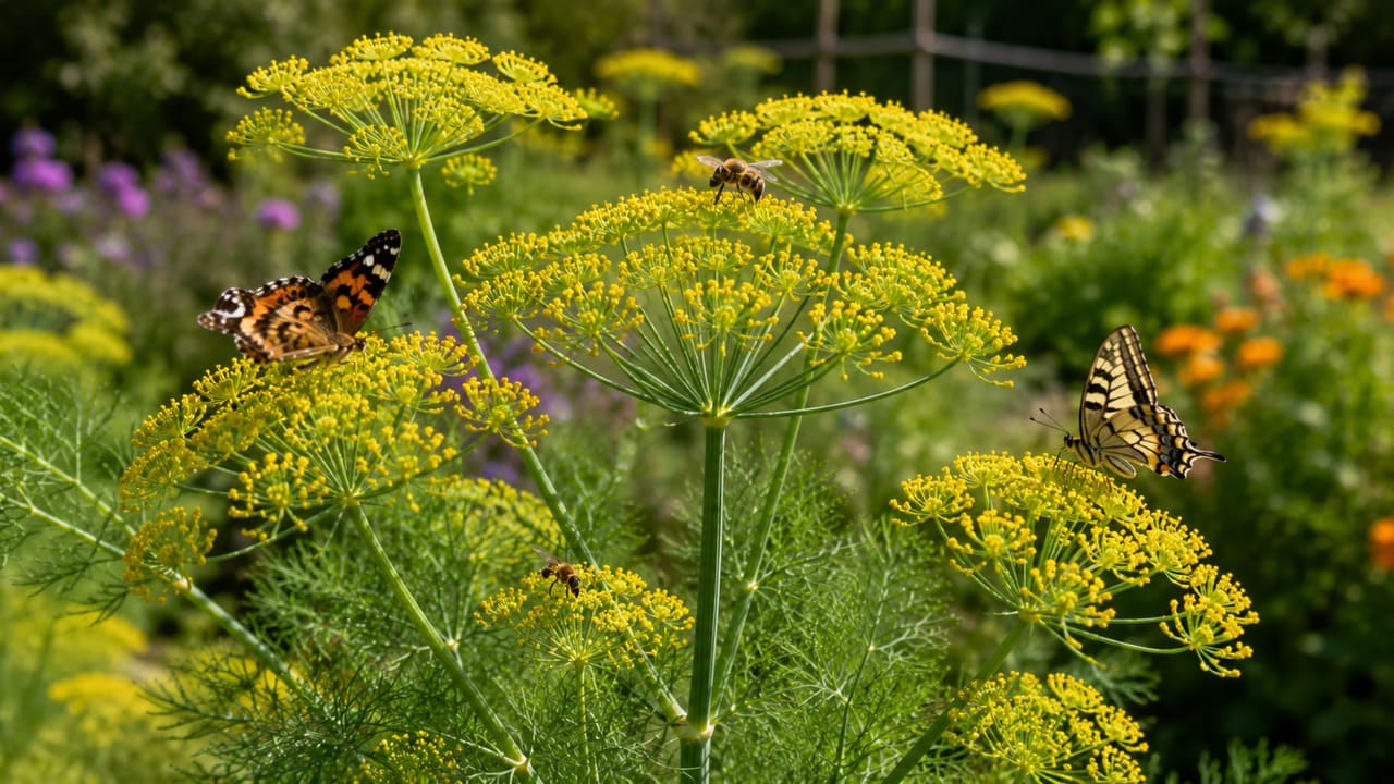 Durante a floração, a erva-doce produz pequenas flores amarelas que atraem abelhas, borboletas e outros insetos polinizadores. Por isso, a planta também contribui para a biodiversidade em hortas, pomares e jardins.