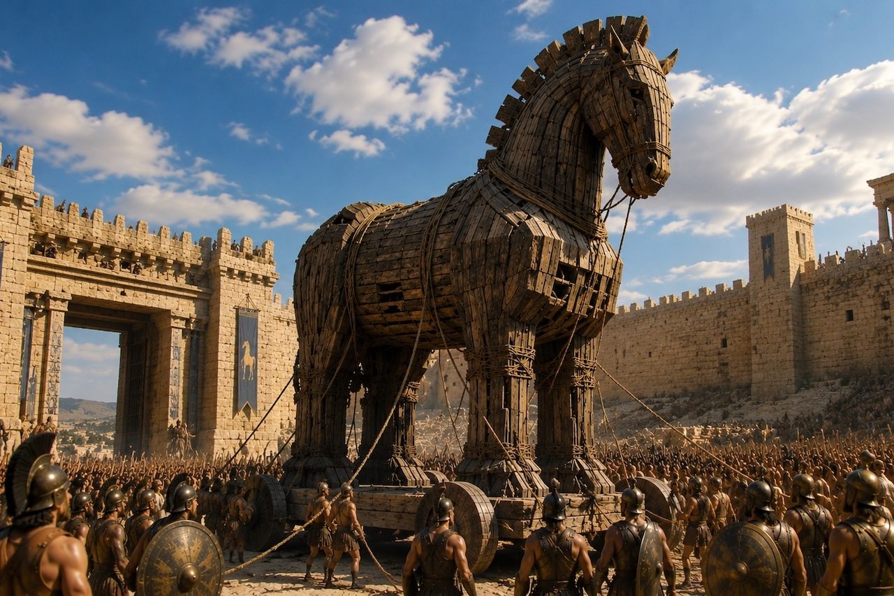 Segundo a tradição, os gregos não conseguiam conquistar a cidade por causa de suas imensas muralhas. Então, o guerreiro Odisseu elaborou um plano para vencer o impasse, fazendo com que soldados construíssem um enorme cavalo de madeira e escondessem em seu interior um grupo de guerreiros de elite altamente armados.
