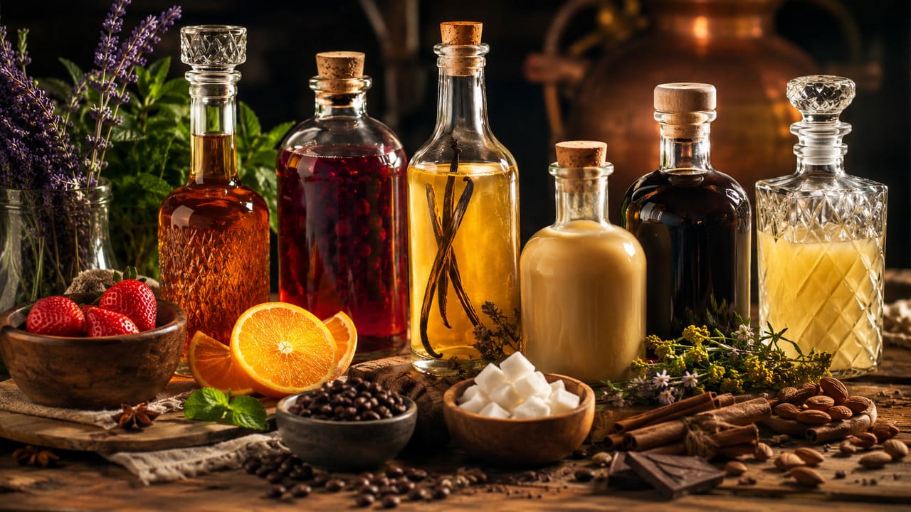 Laranja, limão, cereja, maracujá, café, chocolate, coco, cacau, hortelã, anis, canela, ervas e castanhas estão entre os ingredientes mais utilizados. Em diferentes regiões do mundo, receitas locais valorizam frutas e plantas típicas.