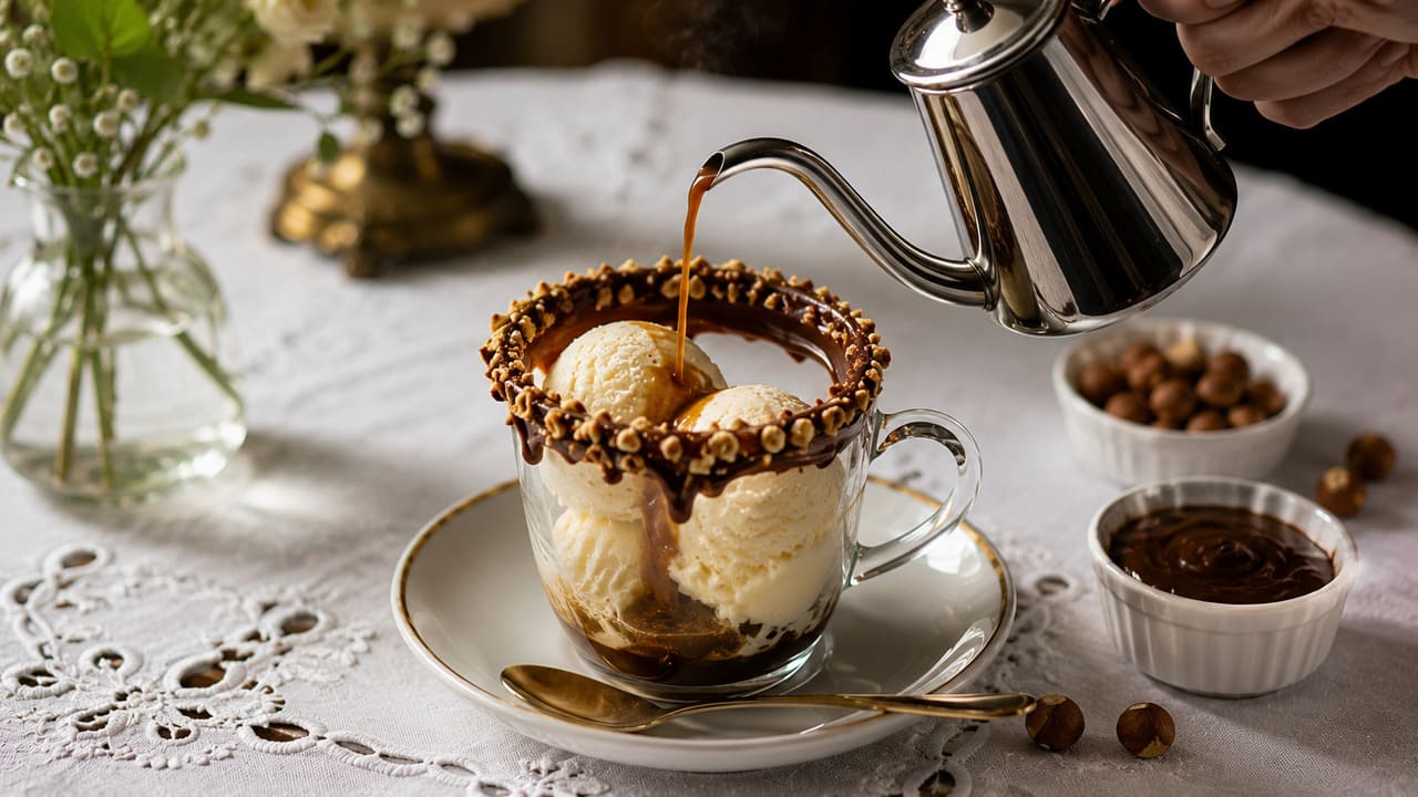 Embora a receita tradicional seja minimalista, muitas cafeterias acrescentam raspas de chocolate, cacau, castanhas, biscoitos, caldas ou chantili, criando versões mais elaboradas da sobremesa, inclusive com bordas decoradas e saborosas. 