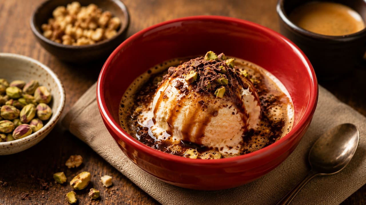 Simples, elegante e muito saboroso, o affogato é uma das sobremesas italianas mais conhecidas no mundo. A combinação de café espresso quente com sorvete gelado cria um contraste de temperaturas e sabores que conquista os amantes de café. Apesar da receita ser bastante simples, ela permite diversas variações. Conheça algumas curiosidades sobre essa clássica sobremesa. -  (crédito: imagem gerada por i.a )