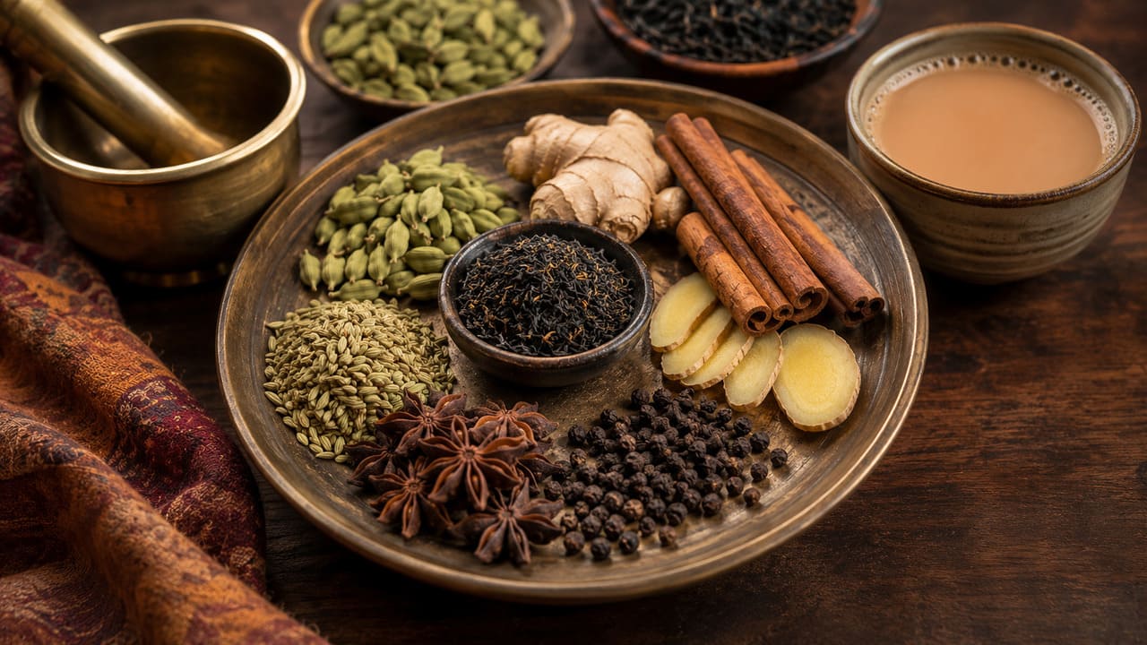 Embora existam muitas receitas, o masala chai costuma reunir chá preto, cardamomo, canela, gengibre, cravo e, em algumas versões, pimenta-do-reino, erva-doce ou anis.