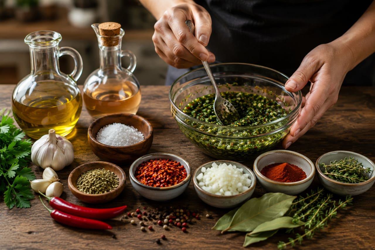 A versão mais comum leva salsa, orégano, alho, azeite, vinagre, pimenta e sal. Dependendo da receita, também podem ser acrescentados cebola, páprica, tomilho, louro ou outras ervas.