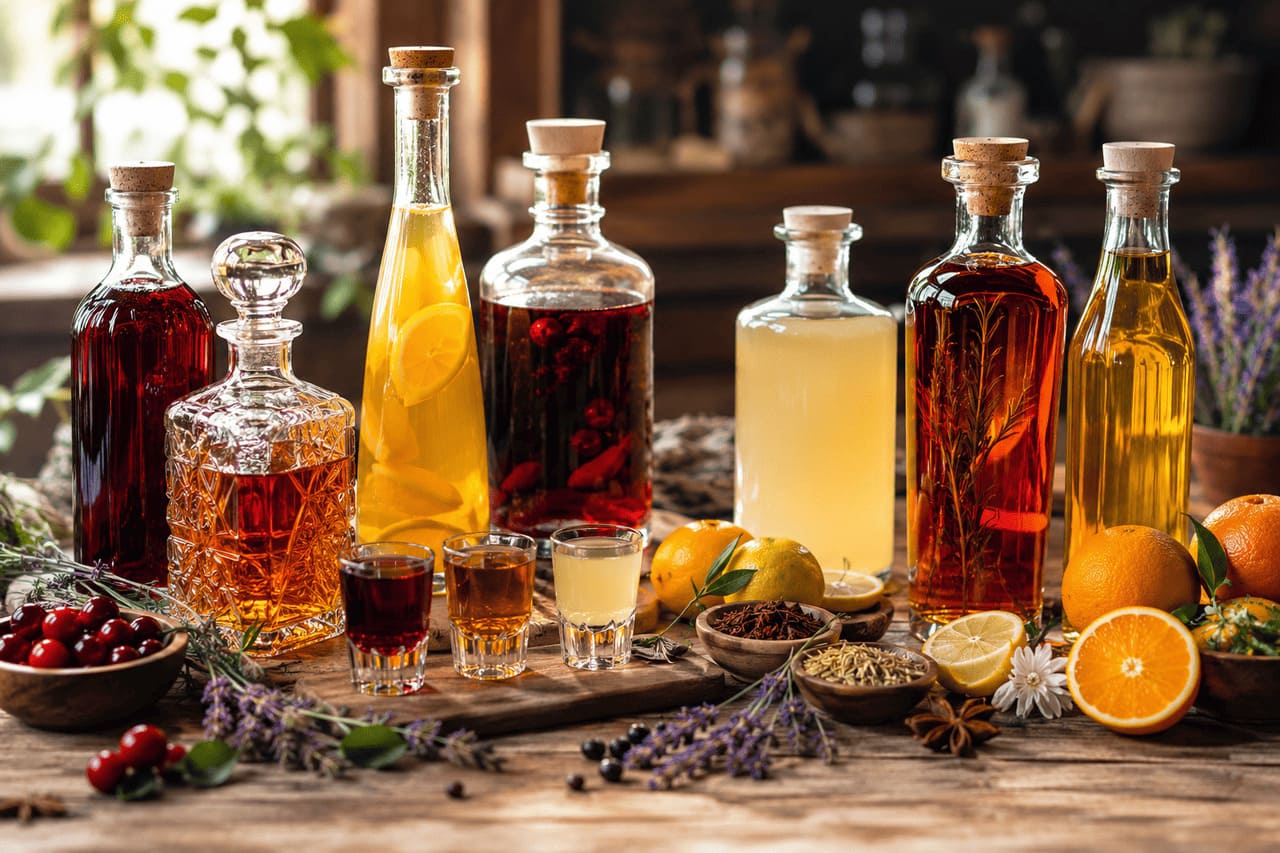 O licor é uma bebida alcoólica preparada a partir da mistura de álcool com açúcar e ingredientes que conferem aroma e sabor, como frutas, ervas, sementes, flores, especiarias ou café. Existem receitas tradicionais e também versões artesanais. -  (crédito: imagem gerada por i.a )