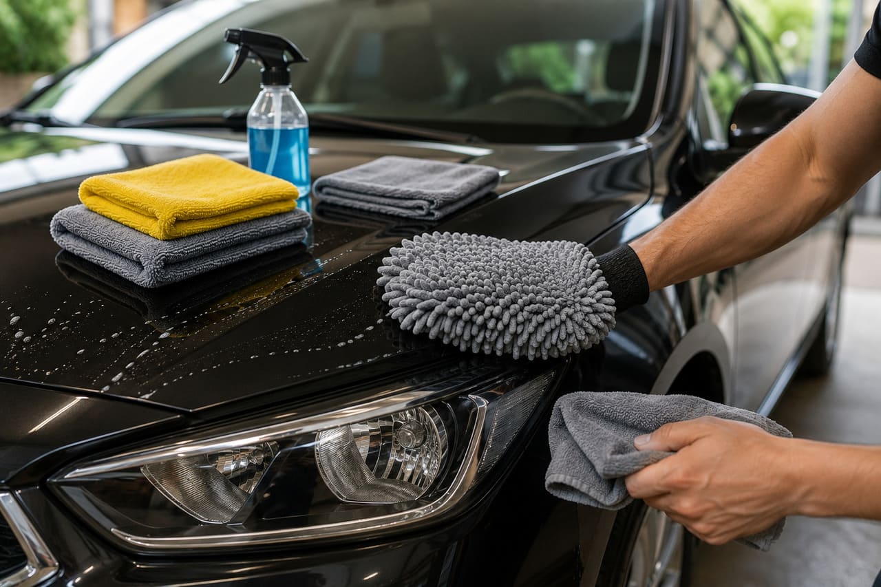 É comum em acessórios automotivos
Luvas, panos e toalhas de microfibra são bastante utilizados para lavar, secar e dar acabamento em veículos. Quando usados corretamente, ajudam a reduzir o risco de riscos na pintura.