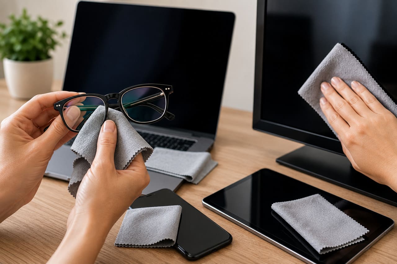 Ajuda na limpeza de óculos e telas
Flanelas de microfibra removem marcas de dedos e poeira sem riscar superfícies delicadas. Elas são indicadas para lentes, celulares, tablets, notebooks e televisores.