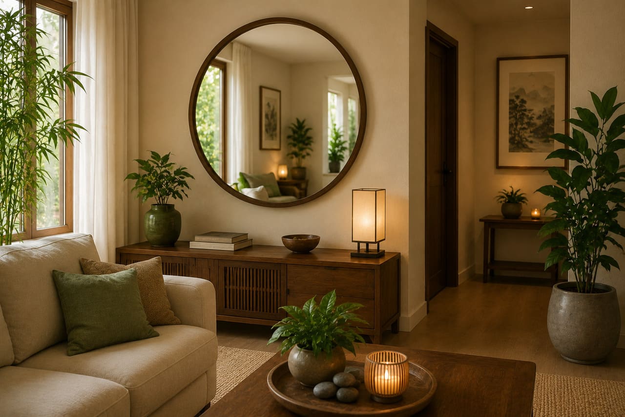No feng shui, os espelhos são vistos como elementos capazes de refletir e direcionar a energia. Por isso, sua posição costuma ser planejada com cuidado. Recomenda-se que o espelho reflita um jardim, plantas, uma mesa de jantar ou um ambiente bonito e bem iluminado, simbolizando abundância e bem-estar.