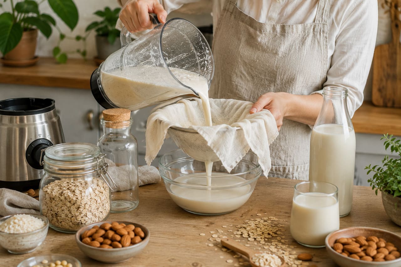 A produção do leite vegetal pode até ser feita em casa e costuma envolver poucas etapas: o ingrediente é batido com água e, em seguida, a mistura passa por um pano ou filtro fino para separar o líquido da parte sólida. Depois, a bebida pode ser armazenada e consumida pura ou utilizada em diversas receitas.