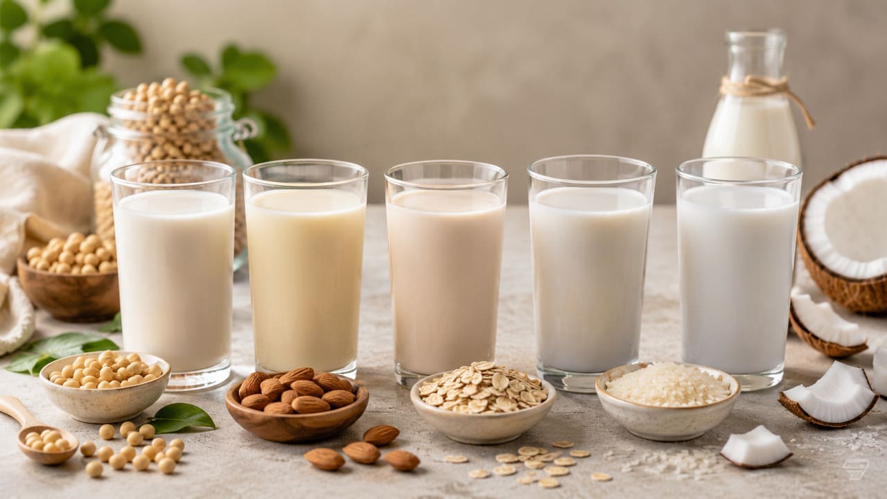Leite vegetal é uma bebida produzida a partir de ingredientes de origem vegetal, como grãos, cereais, leguminosas, sementes ou oleaginosas, misturados com água. Após o processamento e a filtragem, o resultado é um líquido que pode ser consumido puro ou utilizado em diversas receitas. -  (crédito: imagem gerada por i.a)