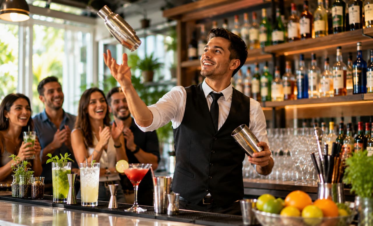 Bartenders transformam o preparo em um espetáculo
Em muitos bares, o bartender não apenas prepara a bebida, mas também cria uma apresentação cheia de movimentos, giros de garrafas, utensílios e técnicas que tornam o momento parte da diversão. Esse estilo é conhecido como flair bartending.
