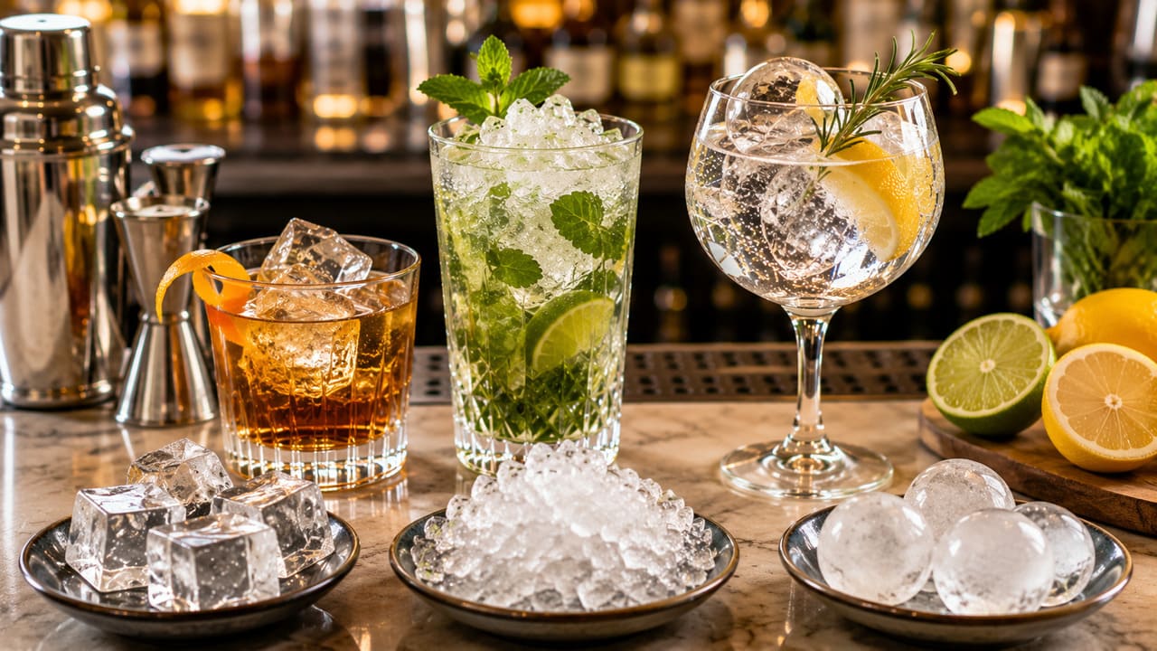 O gelo também faz parte da receita
Além de resfriar a bebida, o gelo controla a diluição do cocktail. Cubos grandes, gelo triturado ou esferas derretem em velocidades diferentes e influenciam diretamente o sabor e a textura do drink.