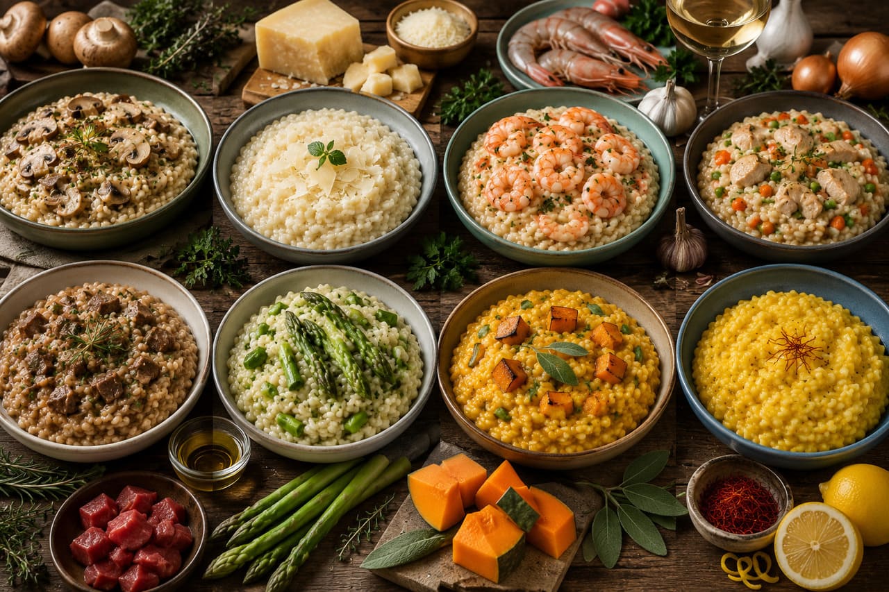 O risoto aceita uma enorme variedade de ingredientes. Cogumelos, queijos, camarão, frango, carne, aspargos, abóbora, limão-siciliano e açafrão estão entre as combinações mais populares. A versatilidade permite adaptar o prato às estações do ano, aos ingredientes disponíveis e até às preferências alimentares.