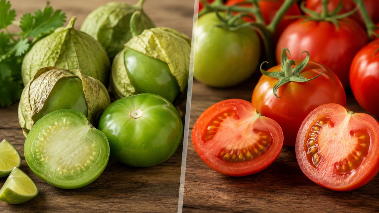 Apesar da semelhança visual, o tomatillo apresenta sabor mais ácido e levemente cítrico, além de textura mais firme. Enquanto o tomate tradicional amadurece para tons avermelhados, o tomatillo normalmente é consumido ainda verde, preservando seu perfil de sabor característico.