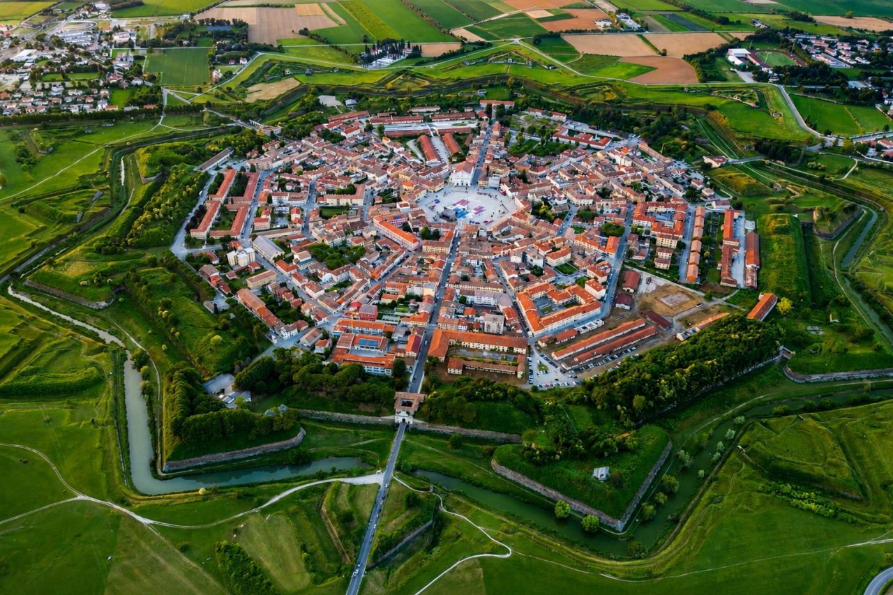 No norte da Itália, na região de Friuli-Venezia Giulia, reside uma das cidades planejadas mais extraordinárias da Europa. Palmanova chama a atenção por seu formato incomum: vista do alto, revela o desenho perfeito de uma estrela de nove pontas, resultado de um projeto urbano elaborado no período renascentista. -  (crédito: Reprodução/YouTube Travel Time)
