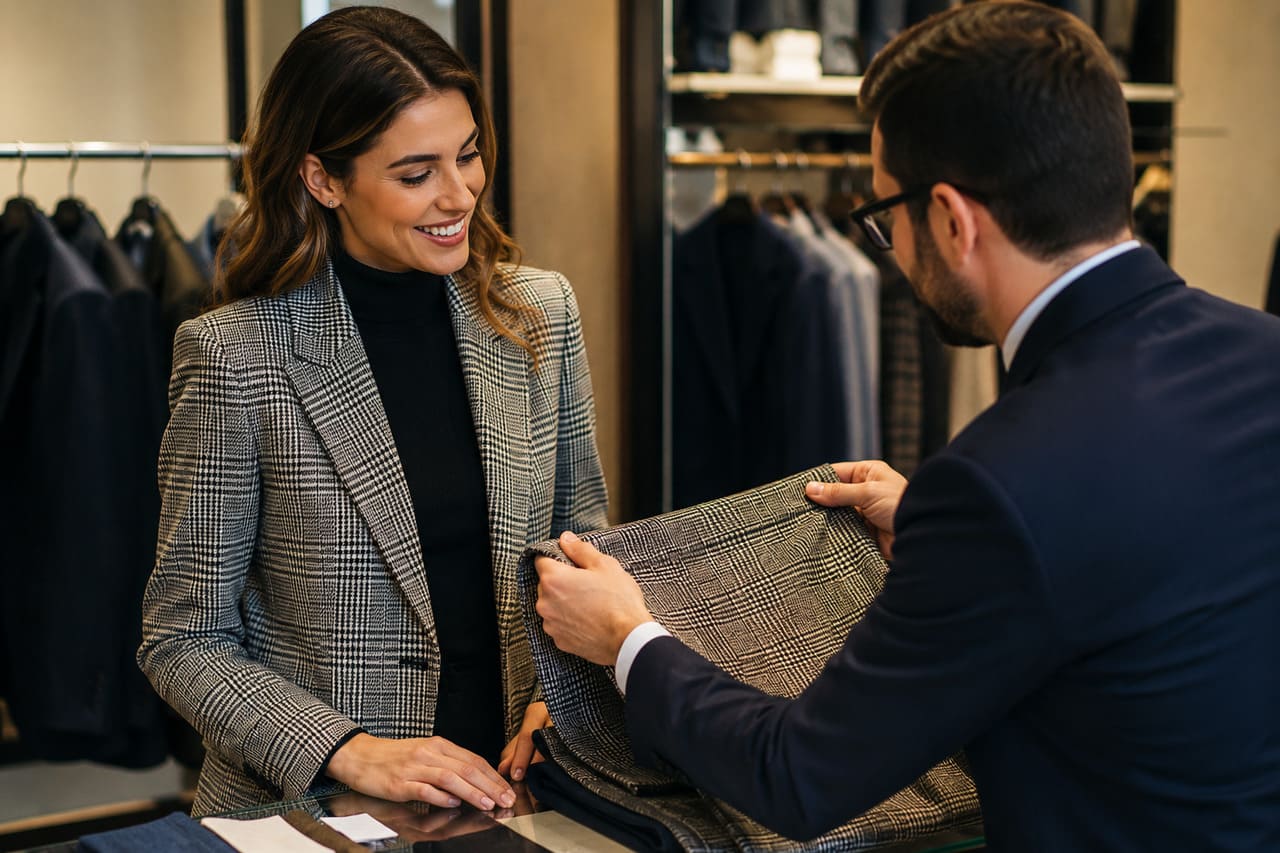 Glen Plaid (Glen Check) é um padrão clássico da alfaiataria britânica, formado por pequenos quadros em tons discretos que criam um visual elegante e sofisticado. Muito utilizado em blazers, ternos, calças e casacos, permanece como uma escolha frequente tanto na moda masculina quanto na feminina.