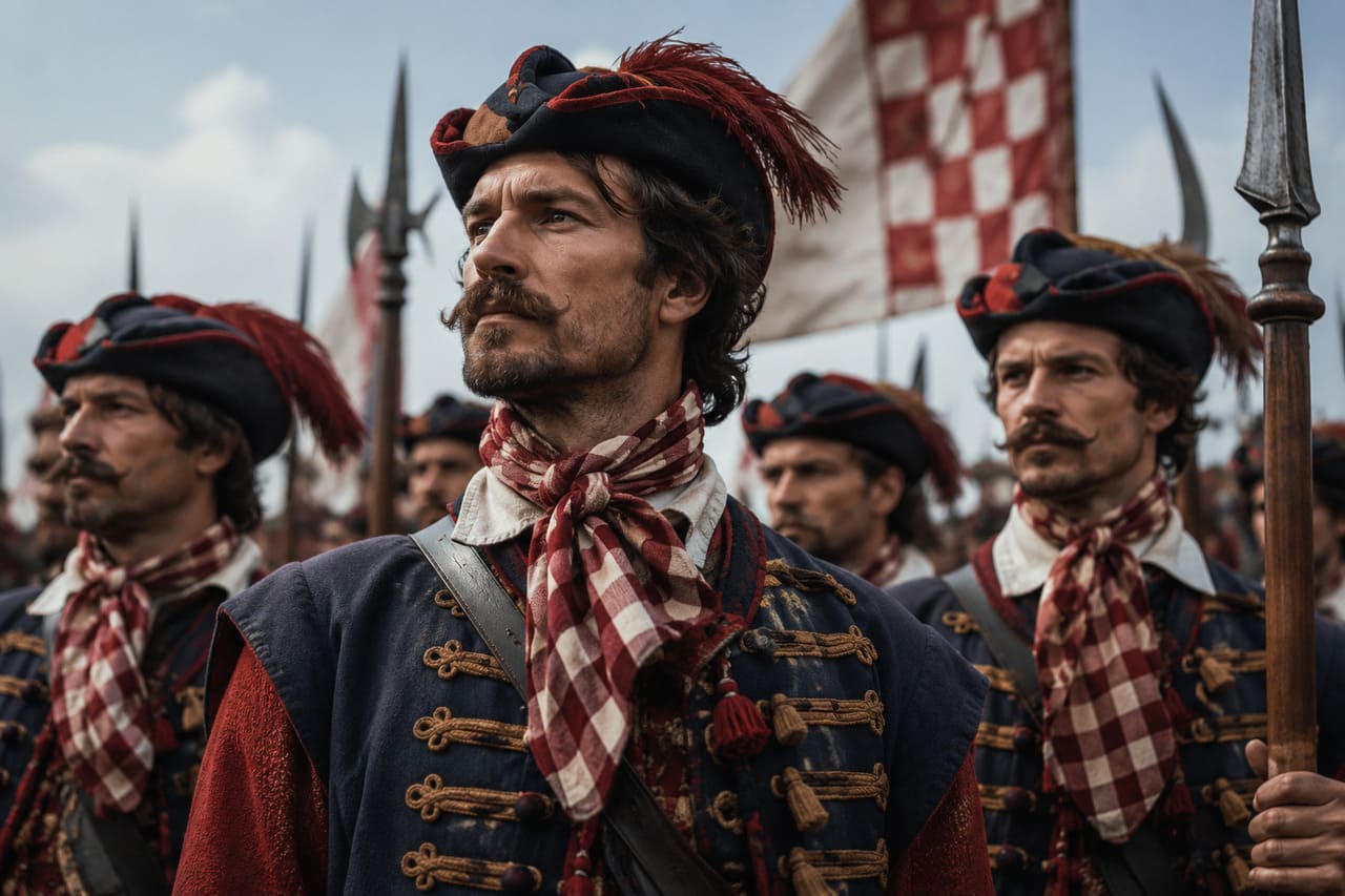A origem mais aceita da gravata remonta aos soldados croatas na Guerra dos Trinta Anos (1618–1648), que usavam lenços amarrados ao pescoço como parte do uniforme. O acessório chamou a atenção do rei Luís XIV e foi incorporado à corte francesa, tornando-se um símbolo de elegância na Europa.