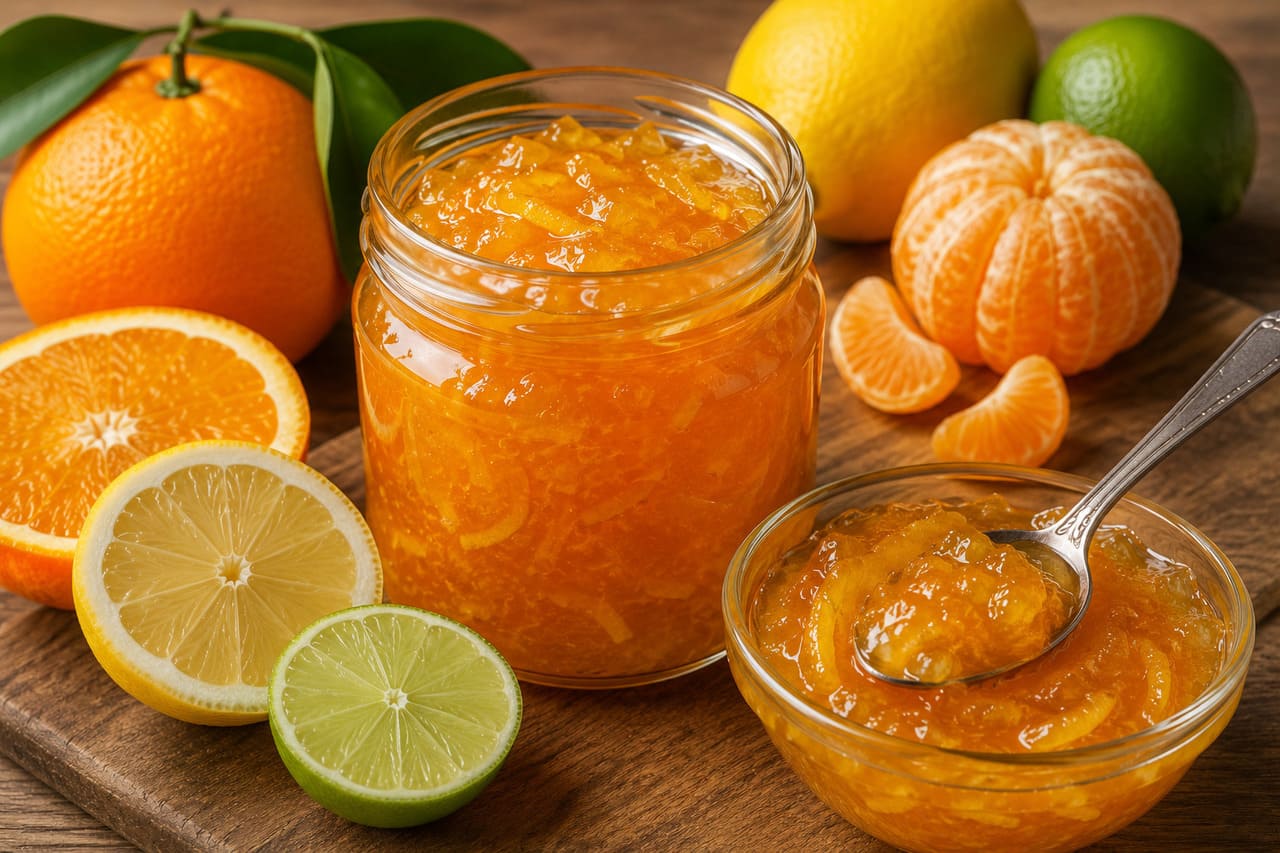 Frutas cítricas – Laranja, limão e tangerina são ricas em pectina e acidez, características que favorecem geleias firmes e de sabor marcante. O preparo normalmente utiliza o suco e parte da casca, cozidos com açúcar até a mistura engrossar.