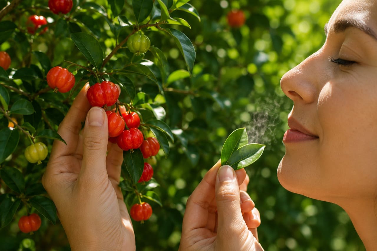 Poucas frutas exalam um perfume tão marcante quanto a pitanga madura. O aroma adocicado pode ser percebido ainda no pé, enquanto as folhas também liberam fragrância agradável quando amassadas, graças aos óleos essenciais naturalmente presentes na planta.