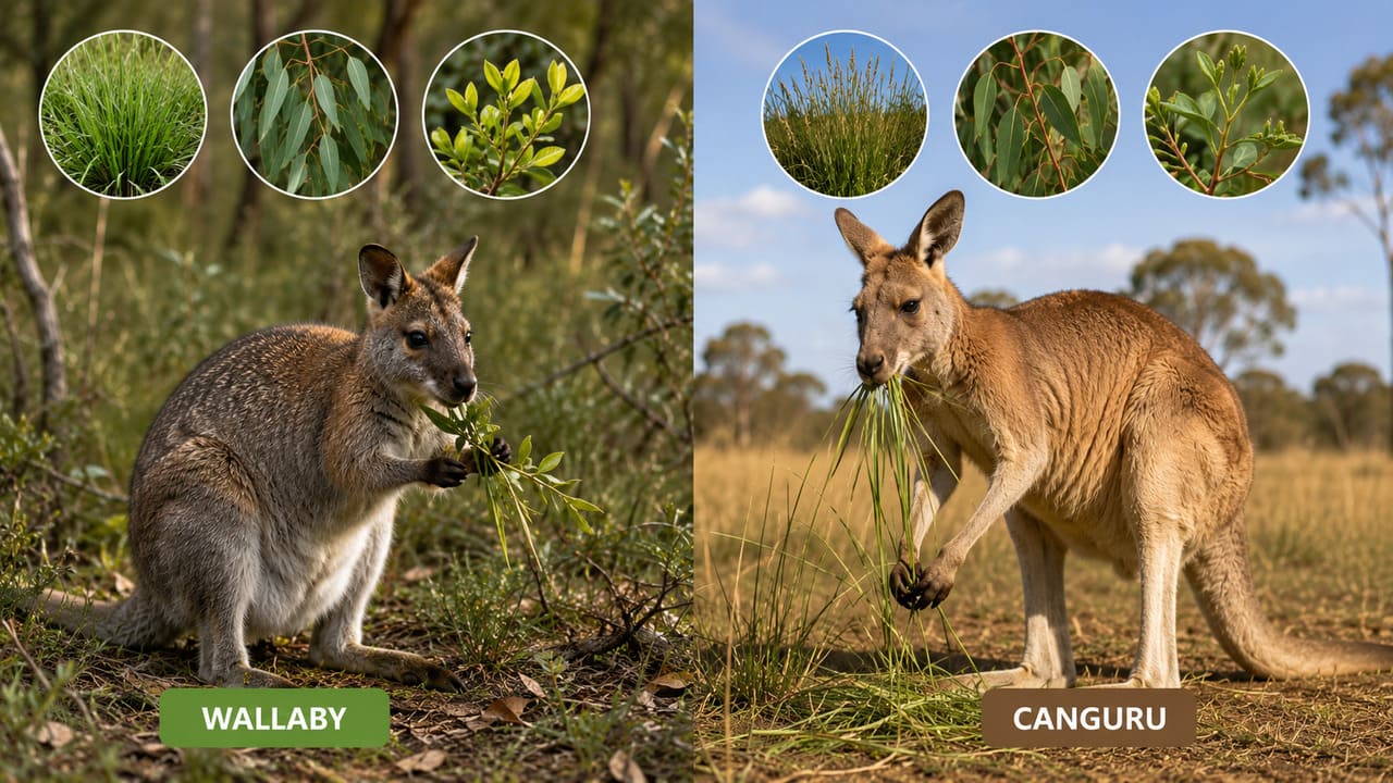 Wallabies e cangurus são herbívoros. A dieta inclui principalmente gramíneas, folhas, brotos e outras partes de plantas, variando conforme a espécie e os recursos disponíveis em cada região.
