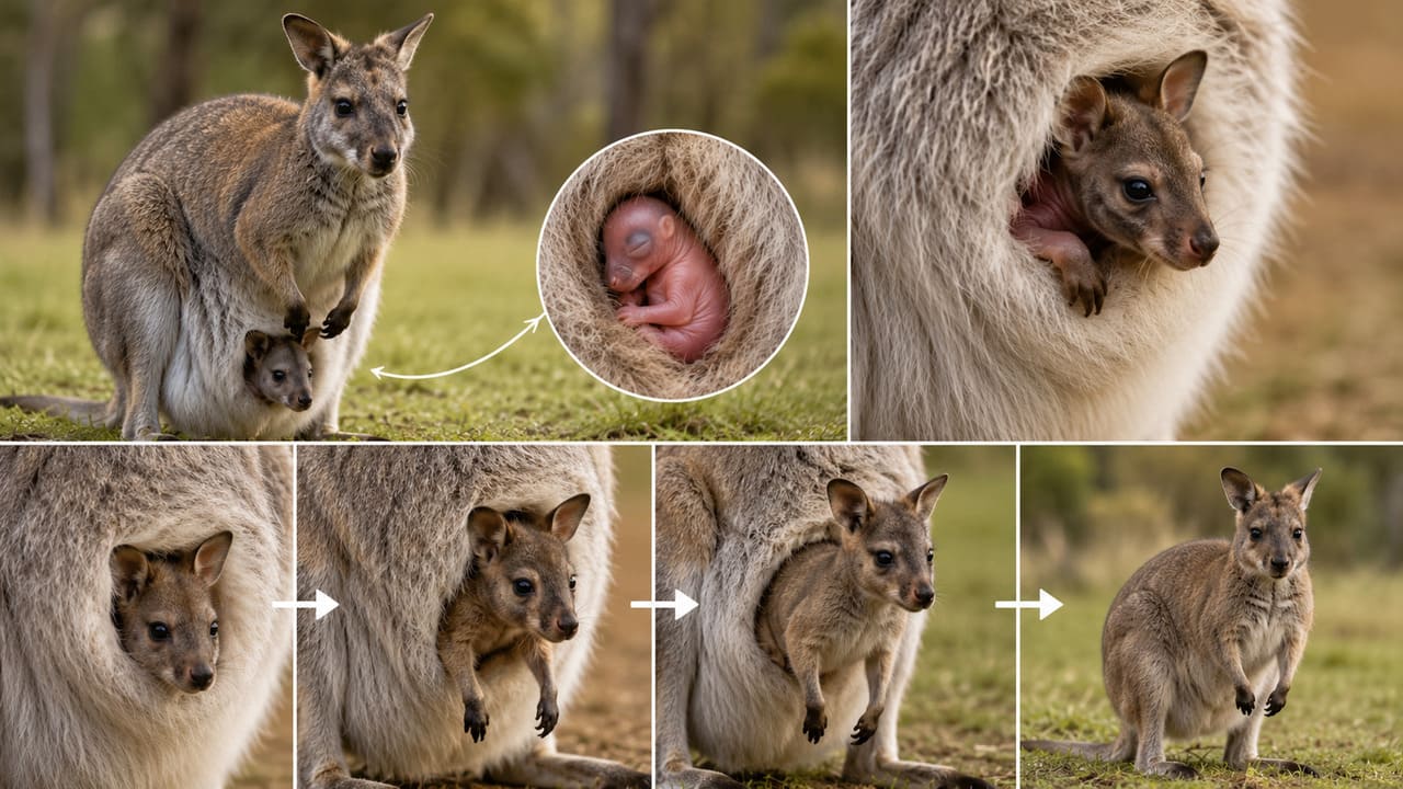 Assim como acontece com os cangurus, os filhotes de wallaby nascem extremamente pequenos e continuam seu desenvolvimento dentro do marsúpio da mãe. Eles permanecem protegidos ali até adquirirem força suficiente para explorar o ambiente.