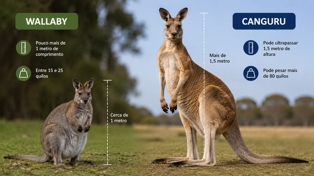 De maneira geral, os wallabies são menores e mais leves que os cangurus. Enquanto muitas espécies de wallaby medem pouco mais de um metro, alguns cangurus ultrapassam 1,5 metro de altura e pesam mais de 80 quilos. Os wallabies têm patas proporcionais aos terrenos acidentados onde vivem. Os cangurus possuem pernas mais longas e musculosas.