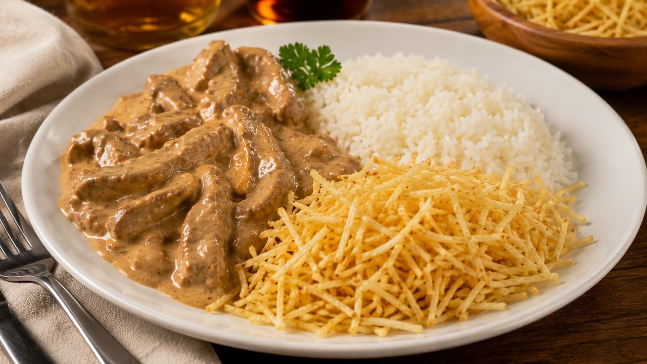 Sirva com os acompanhamentos clássicos
Arroz branco soltinho e batata palha crocante continuam sendo os parceiros mais tradicionais do estrogonofe. Além de equilibrar texturas e sabores, esses acompanhamentos valorizam a apresentação e tornam a refeição ainda mais completa.