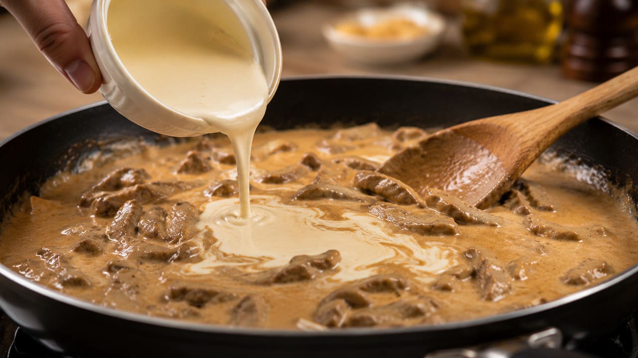 Acrescente o creme de leite apenas no final
O creme de leite deve entrar nos minutos finais do preparo e não deve ferver intensamente. Esse cuidado ajuda a manter o molho homogêneo, cremoso e com aparência mais aveludada.