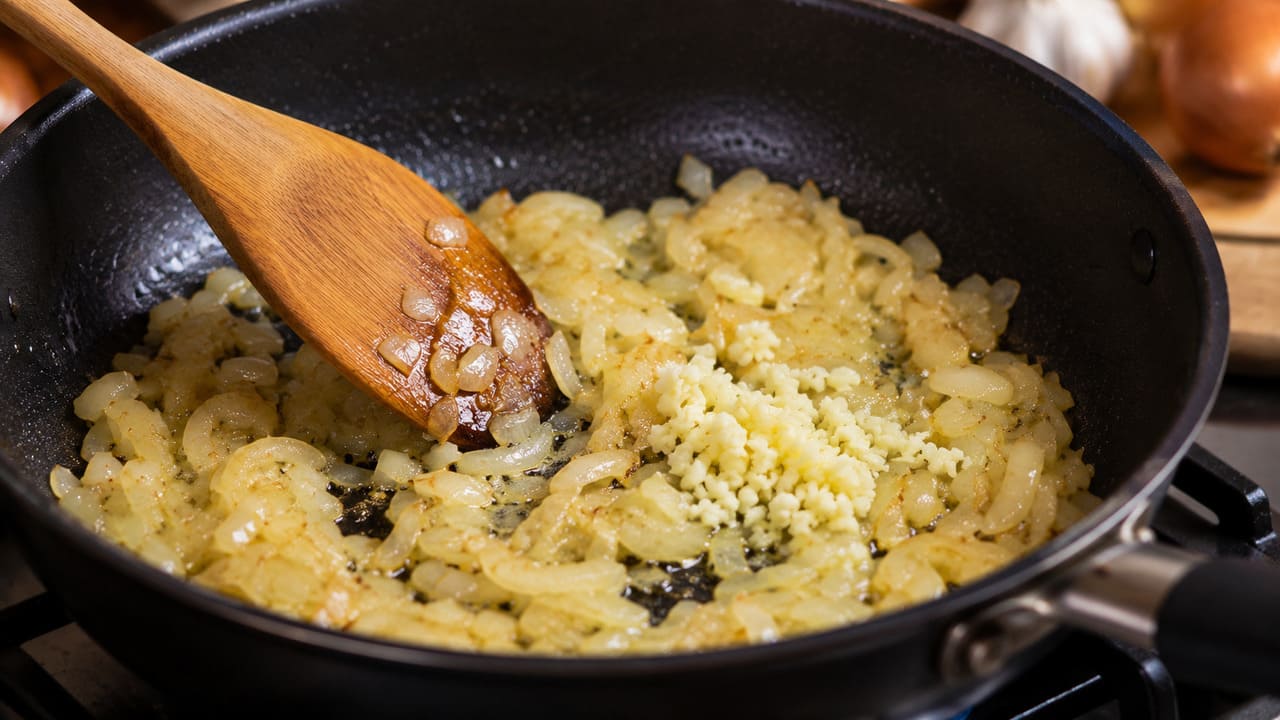 Capriche no refogado de cebola e alho
Um bom refogado forma a base do sabor do estrogonofe. Cozinhar a cebola até ficar macia e adicionar o alho no momento certo realça os aromas sem deixar os ingredientes queimarem ou amargarem.