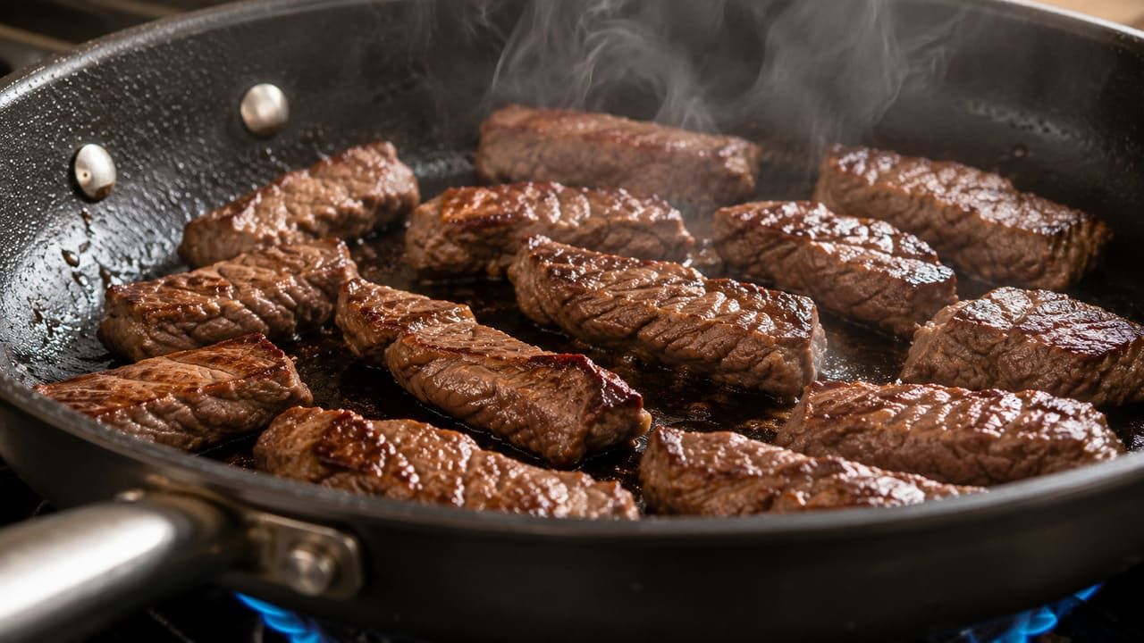 Sele a carne em fogo alto
O ideal é dourar a carne rapidamente em fogo alto e em pequenas porções, evitando que a panela fique cheia. Esse processo favorece a formação de uma crosta saborosa e impede que a carne cozinhe na própria água, preservando sua suculência.