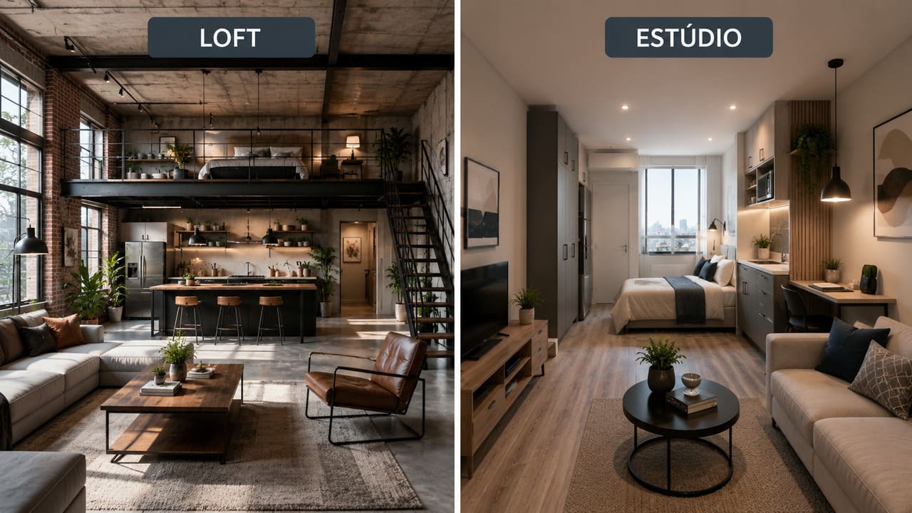 Embora tenham propostas parecidas, loft e studio apresentam diferenças importantes. O loft costuma oferecer pé-direito mais alto e ambientes mais amplos, enquanto o studio geralmente é mais compacto. Já o apartamento convencional possui cômodos separados por paredes. A escolha depende das necessidades e do estilo de vida de cada morador.