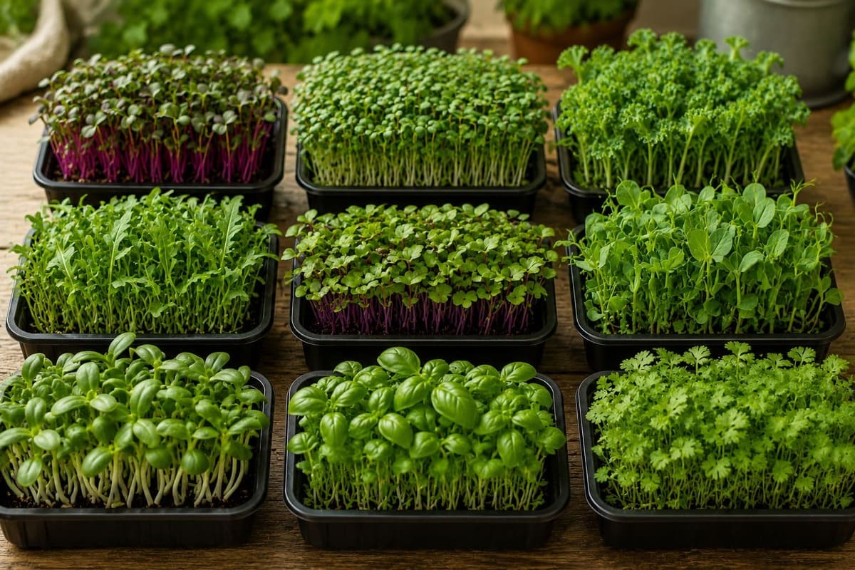 Rabanete, brócolis, couve, rúcula, mostarda, ervilha, girassol, manjericão e coentro estão entre os microverdes mais populares. Cada espécie apresenta cor, aroma e sabor próprios, permitindo combinações variadas nas refeições.