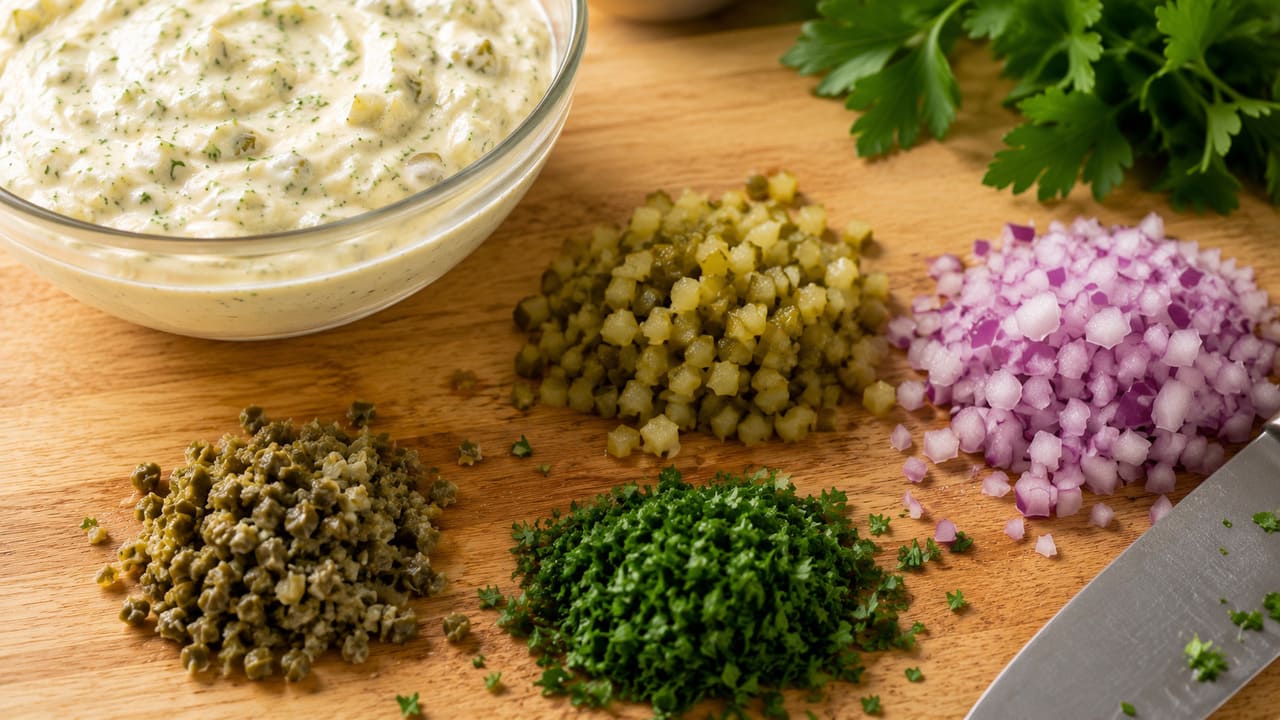 Pique bem os ingredientes - Picles, alcaparras, cebola e ervas devem ser cortados em pedaços pequenos. Isso deixa o molho mais uniforme e agradável ao servir.