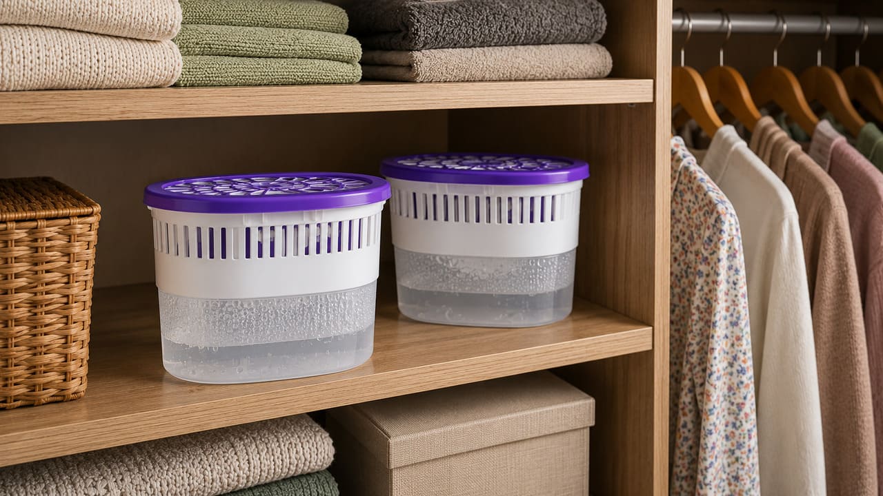 Potes antimofo têm maior capacidade de absorção. Esses recipientes utilizam substâncias que captam a umidade do ambiente e a transformam em líquido armazenado no reservatório. São indicados para guarda-roupas, closets e despensas.