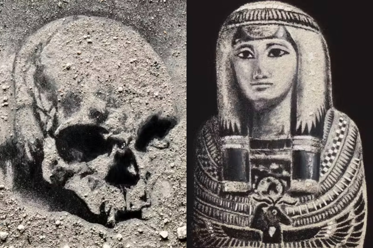Entre as referências estão objetos da coleção de Egiptologia, artefatos indígenas, exemplares da fauna pré-histórica brasileira e itens ligados à História Natural. Um dos trabalhos reproduz o crânio de Luzia, considerado o fóssil humano mais antigo das Américas, obra que também integra a retrospectiva dedicada ao artista no Centro Cultural Banco do Brasil (CCBB). -  (crédito: Divulgação)