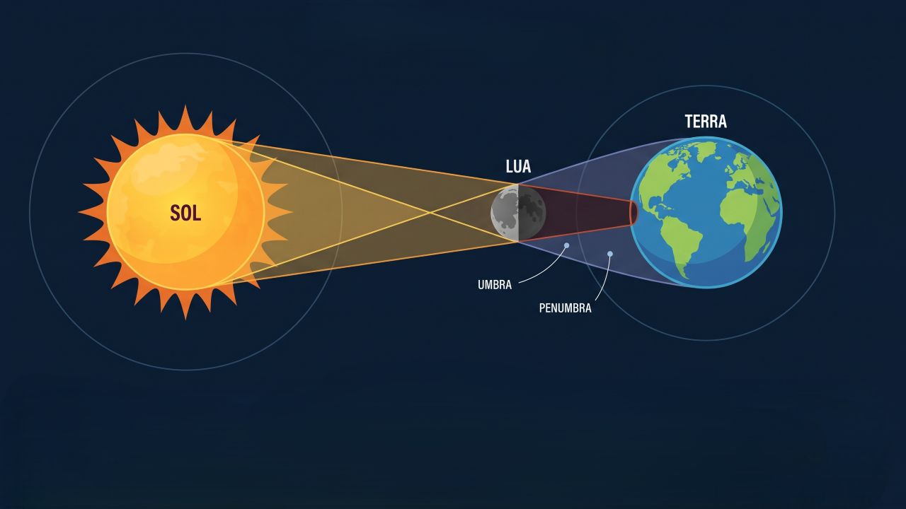 Um eclipse solar total ocorre quando a Lua se posiciona exatamente entre a Terra e o Sol e cobre por completo o disco solar em uma faixa estreita do planeta. Nesse momento o dia se transforma em noite por alguns instantes, a temperatura cai levemente e o céu ganha uma tonalidade diferente. Fora dessa faixa estreita, chamada de faixa de totalidade, o fenômeno aparece apenas de forma parcial, com o Sol parcialmente coberto pela Lua.
