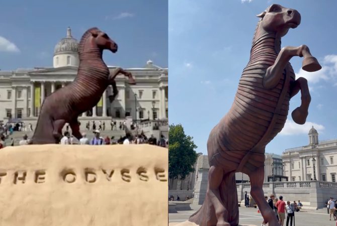 Londres recebe réplica monumental do Cavalo de Troia em ação para o filme ‘A Odisseia’