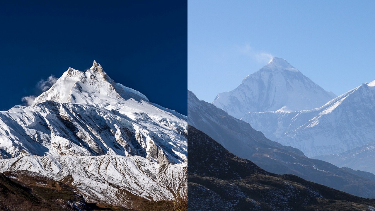 Na oitava posição está o Manaslu, com 8.163 metros de altitude, localizado no Nepal. O cume foi alcançado pela primeira vez em 9 de maio de 1956, durante uma expedição japonesa liderada pelos alpinistas Toshio Imanishi e Gyalzen Norbu. Na sétima posição está o Dhaulagiri, que atinge 8.167 metros e também fica no Nepal. A primeira escalada ocorreu em 13 de maio de 1960, realizada por uma expedição suíço-austríaca.
