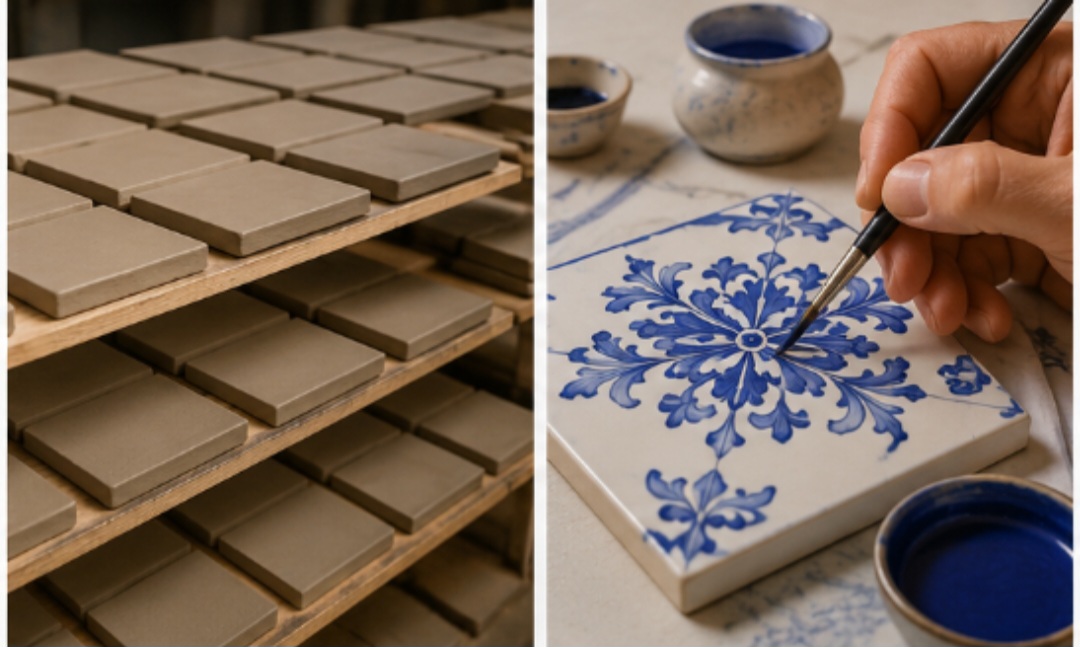 Os tradicionais azulejos portugueses são feitos de cerâmica produzida a partir de argila. Depois de moldados e queimados em forno, recebem uma camada de esmalte e são decorados com pigmentos, passando por uma nova queima. Durante séculos, foram decorados manualmente por artesãos.