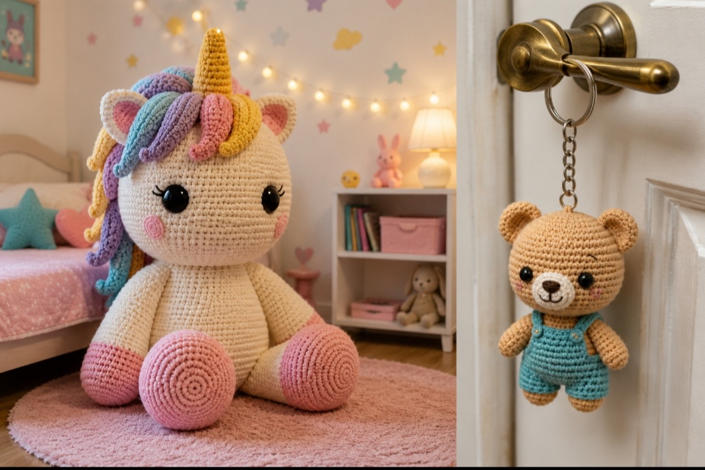 Embora muitos amigurumis sejam pequenos e caibam na palma da mão, também existem versões médias e gigantes. Algumas peças são usadas como chaveiros, enquanto outras servem como almofadas, decoração ou brinquedos. O tamanho depende apenas do projeto e dos materiais utilizados.