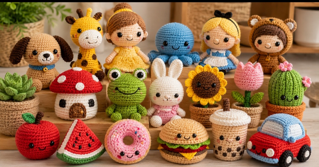 Os modelos podem representar praticamente qualquer coisa. Animais, bonecas, personagens, flores, frutas, alimentos, plantas e até objetos do cotidiano podem ganhar versões em amigurumi. A criatividade é um dos principais atrativos dessa técnica artesanal.