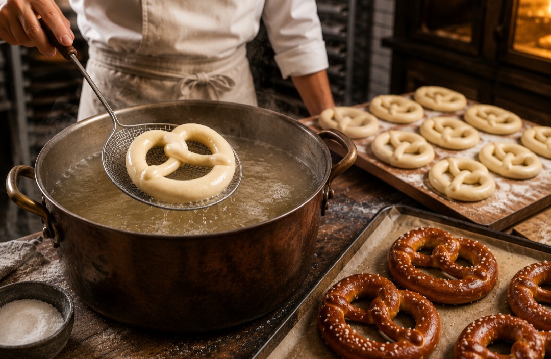 Antes de ir ao forno, a massa normalmente é mergulhada rapidamente em uma solução alcalina. Esse processo ajuda a formar a casca dourada, brilhante e com sabor característico do pretzel.