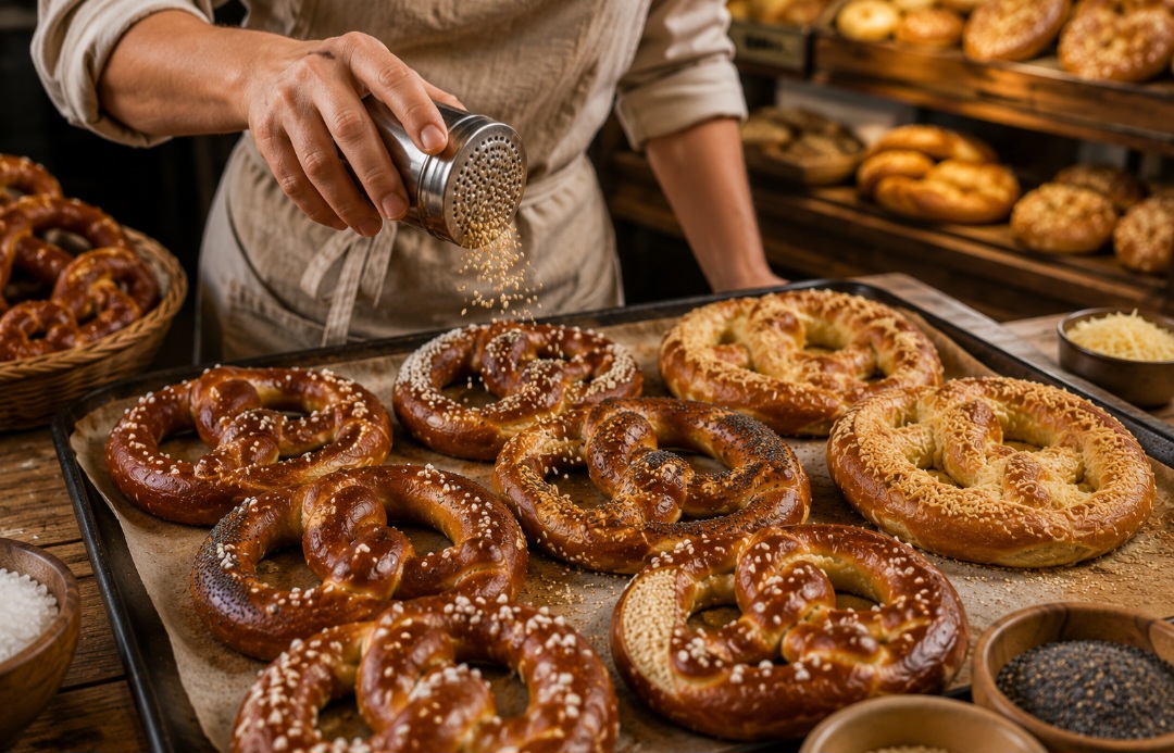 Além do sal grosso, o pretzel pode levar queijo, sementes de gergelim, papoula, canela com açúcar ou chocolate. Algumas versões ainda são recheadas com queijo, creme ou doces.