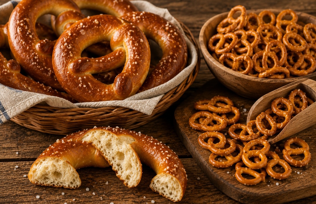 O pretzel tradicional costuma ser macio por dentro e levemente firme por fora. Já versões menores e assadas por mais tempo ficam crocantes e são consumidas como petisco.