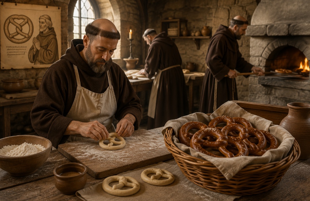 A origem mais aceita situa o pretzel em mosteiros da Europa, por volta do século VII. Segundo a tradição, monges moldavam a massa para lembrar braços cruzados em posição de oração.