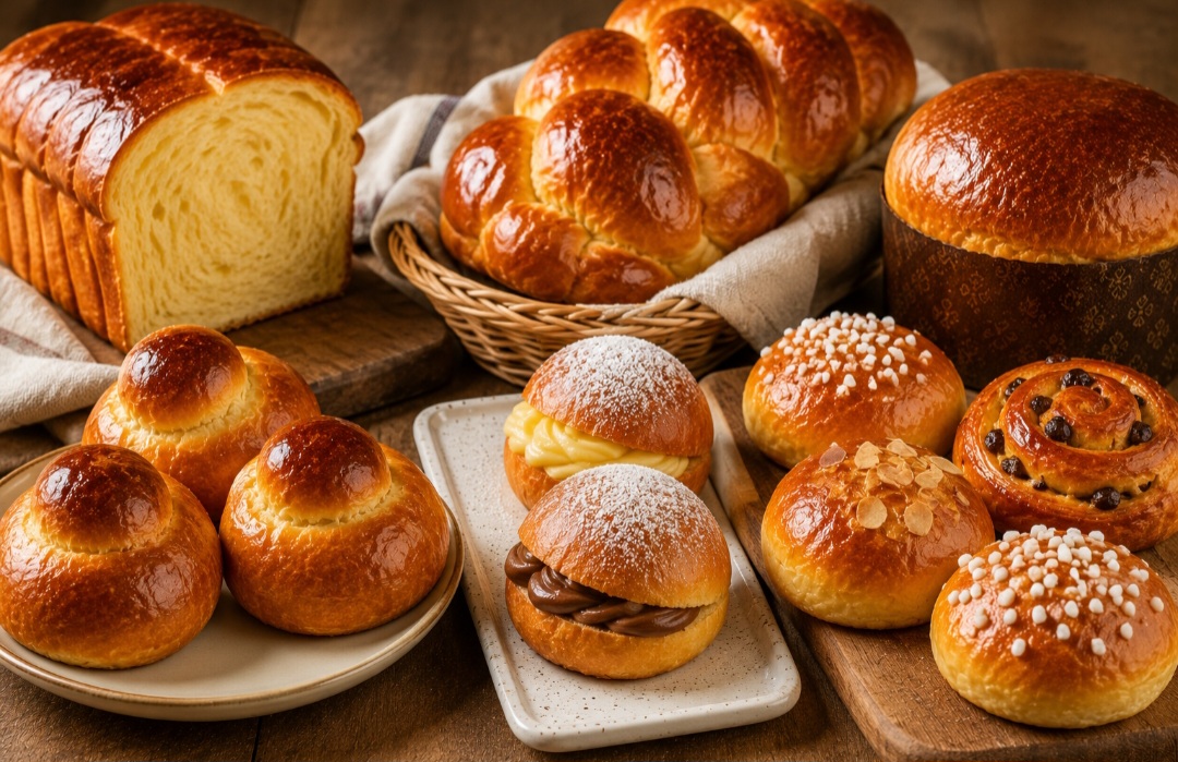 O brioche pode ser encontrado em pães individuais, tranças, pequenos bolinhos ou grandes formas. Em alguns países, também recebe recheios ou coberturas especiais.