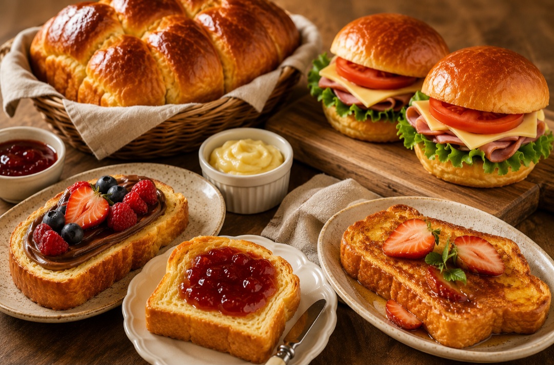 O brioche combina tanto com geleias, mel e cremes quanto com queijos, frios e carnes. Essa versatilidade explica sua presença em diferentes refeições ao longo do dia.