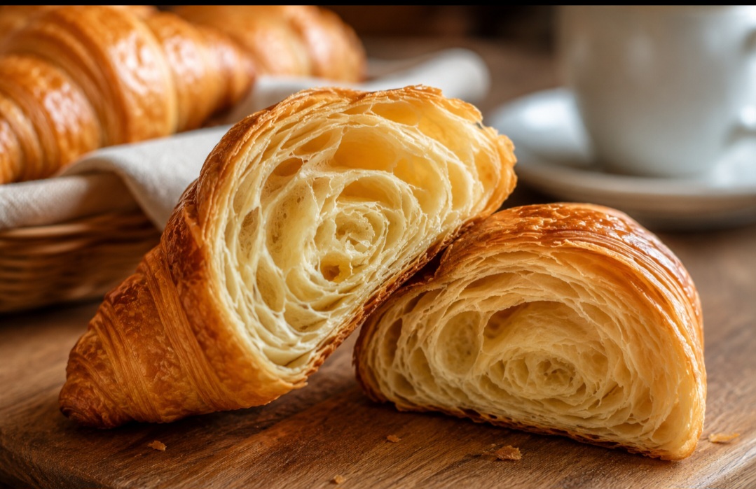O croissant utiliza a técnica da massa folhada, em que manteiga e massa são dobradas repetidas vezes. Esse processo cria dezenas ou até centenas de finas camadas que se separam durante o forno.