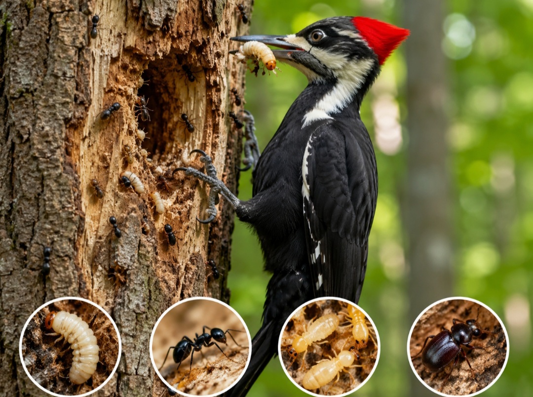 Grande parte da alimentação é composta por larvas, formigas, cupins e besouros. Ao retirar esses animais das árvores, os pica-paus ajudam a controlar naturalmente populações de insetos.