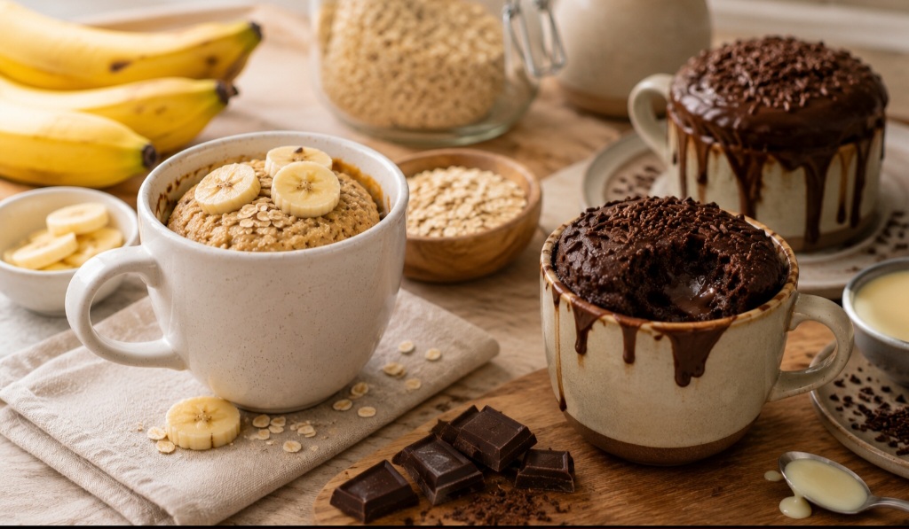 Um bolo de caneca de banana e aveia, por exemplo, tende a ser nutricionalmente mais interessante do que um bolo tradicional carregado de açúcar e cobertura; já um bolo de caneca recheado de chocolate e leite condensado provavelmente será tão calórico quanto muitas sobremesas convencionais.